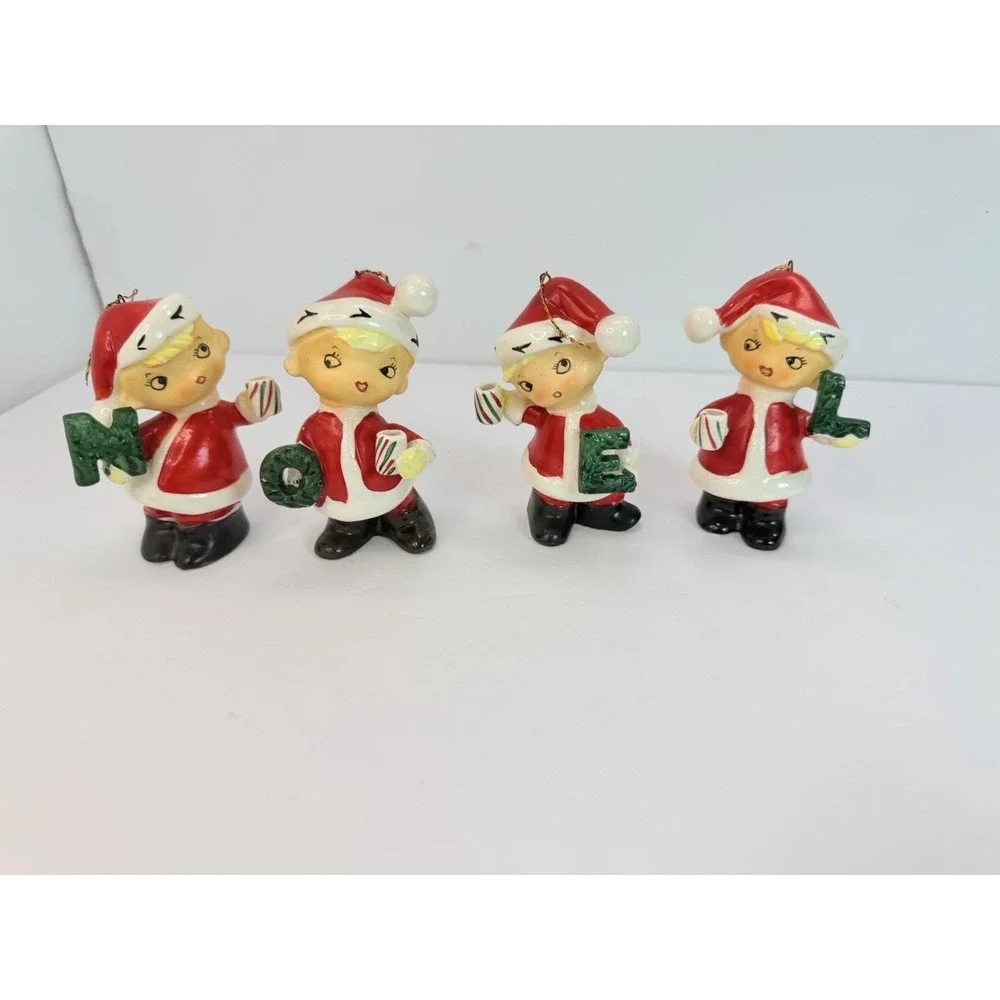 Christmas NOEL Santa Pixie Elf Boys Ornaments Made Japan Vintage Christmas READ